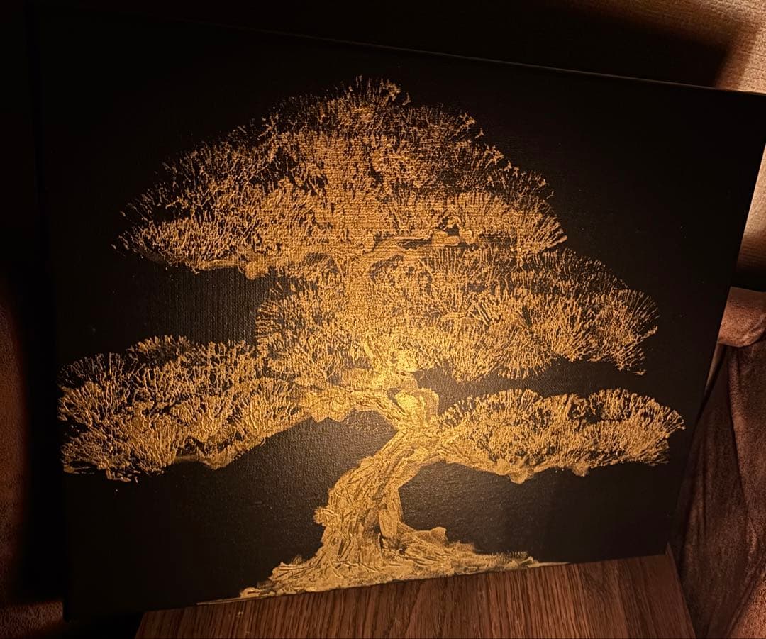 金の盆栽 絵画 原画 B4 アクリル画 モダンアート 和風インテリア ゴールド