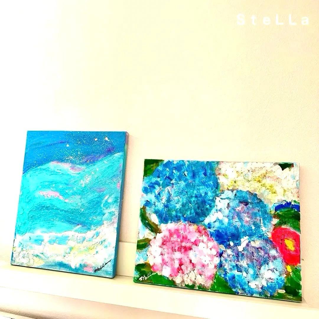原画　現代アート　お洒落　花　花の絵　店舗インテリア　フラワーアート　青　壁掛け