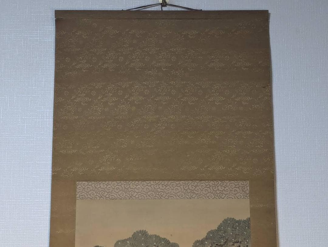 【真作】掛軸　高砂図　長寿・夫婦和合の吉祥画　縁起の良い松と老翁図　R161