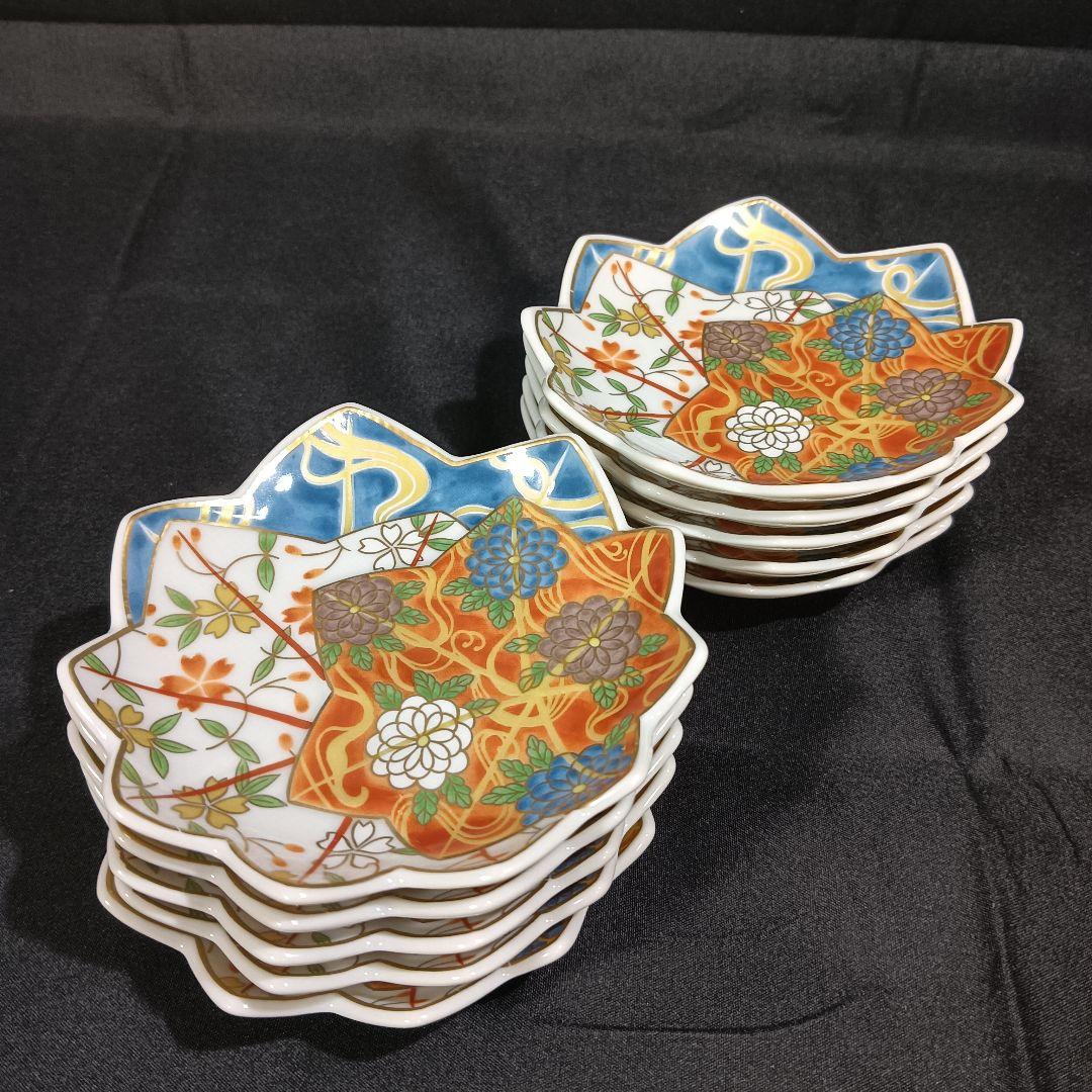 美濃焼　龍峰　金彩　色絵　楓型　小皿　10客　花文