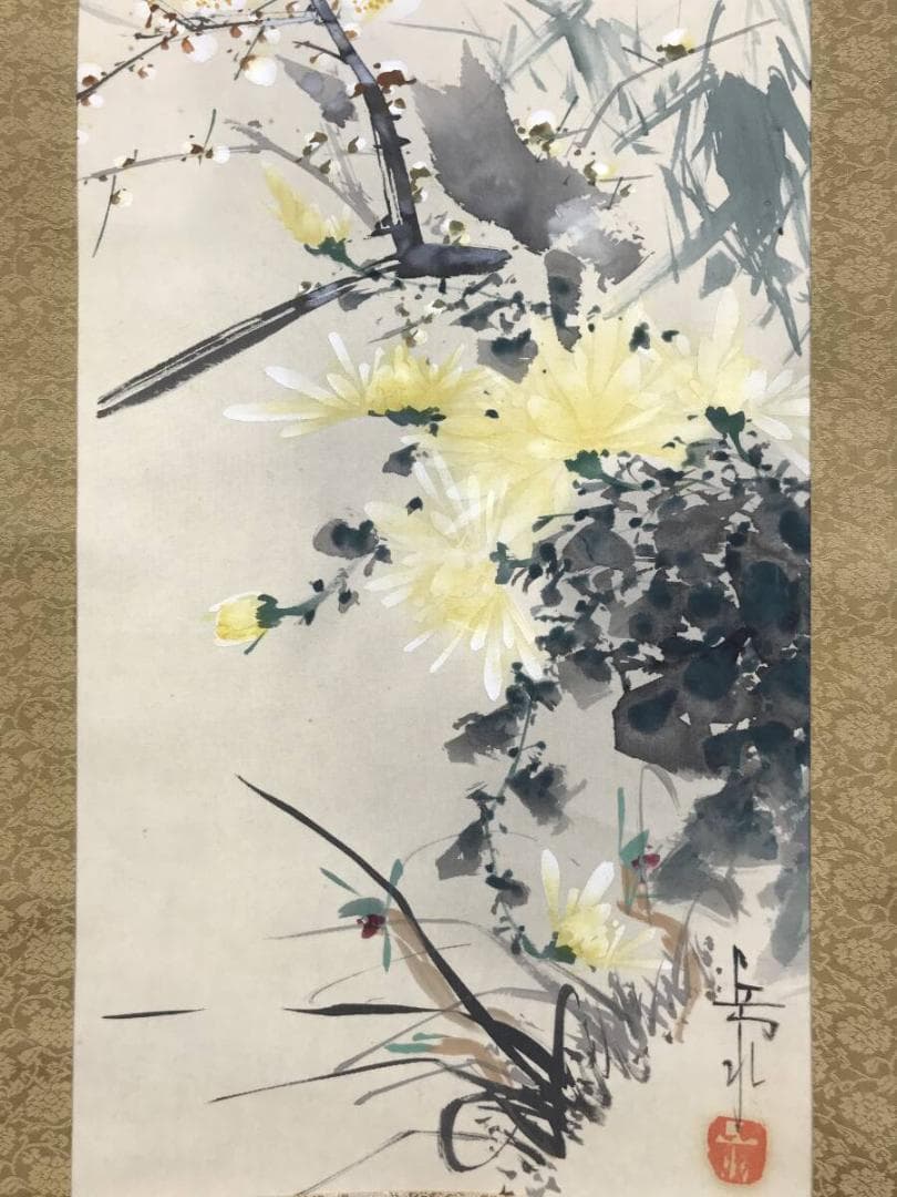真作/井手岳水/四君子図/花鳥図/花図/掛軸☆宝船☆AH-767