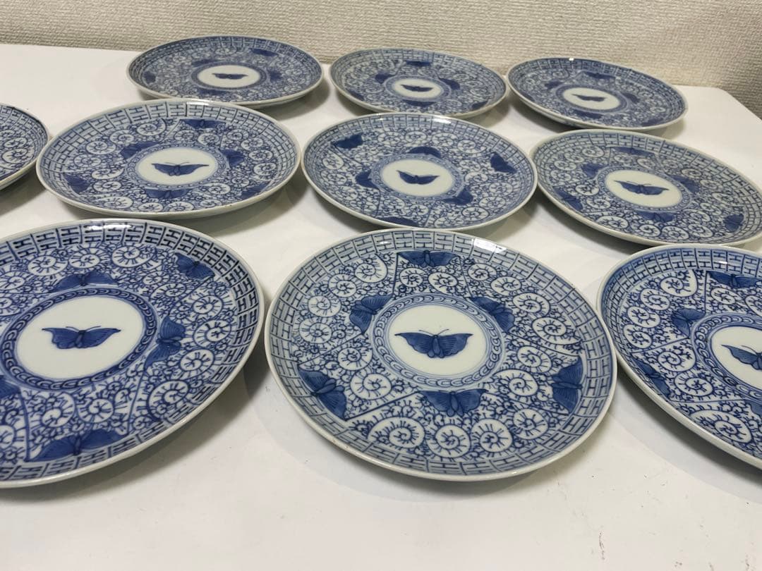 【現状品】古伊万里 染付 陶器 蛸唐草 蝶 大明宣徳年製 アンティーク 10枚②