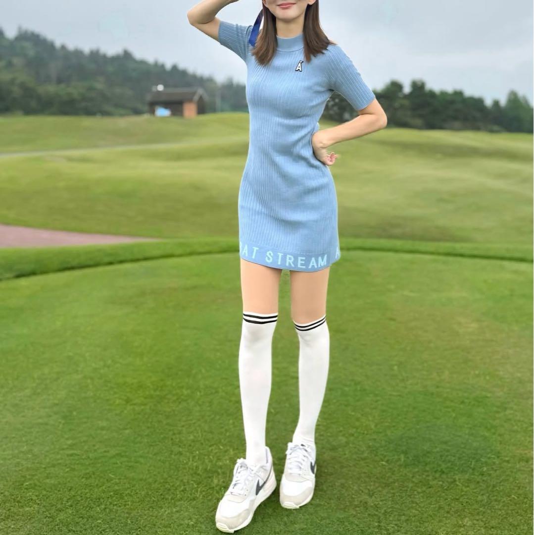 新品 アダバットストリーム ワイドリブAラインニットワンピ 水色 Sサイズ
