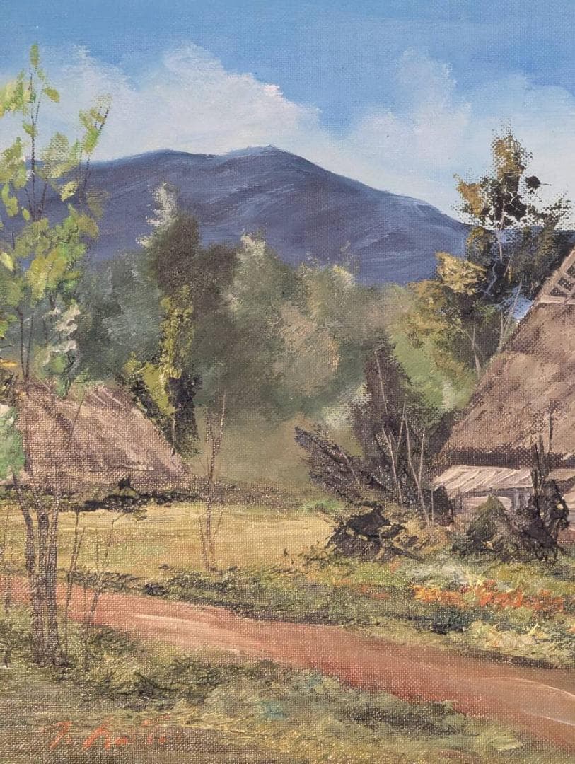 【真作】絵画　油彩6号　丹波路にて　古民家と田舎風景の静けさ　Z198