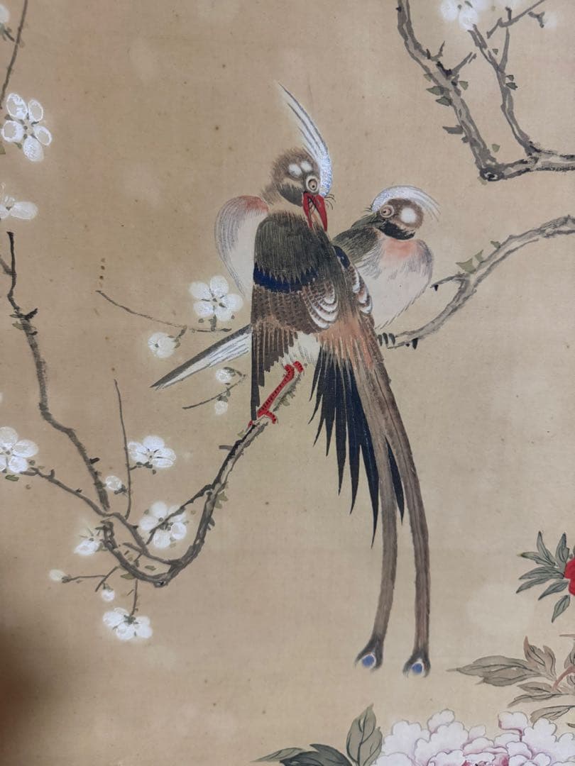 水墨画 鳥と花 署名入り　掛け軸