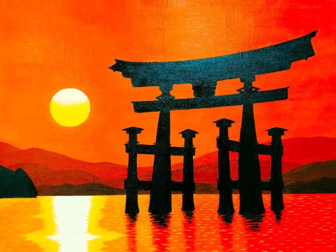 ★厳島神社鳥居・肉筆油彩画・F6キャンバス
