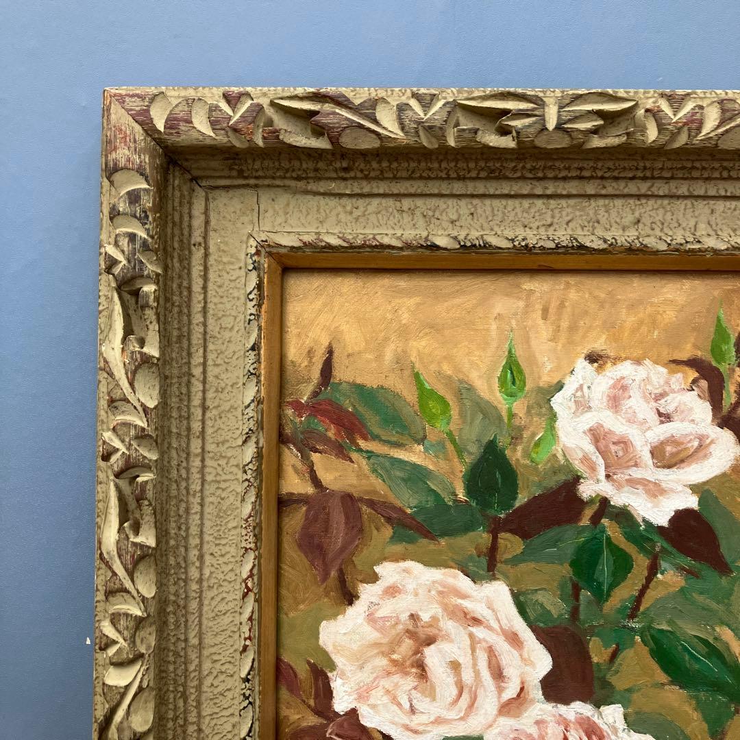 薔薇 油彩画 額装 豪華アンティーク 額縁 静物画 壁飾り 壁掛け 立掛け