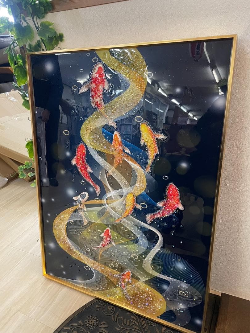 水晶絵　アートパネル　昇り鯉　鯉の滝登り　鯉　コイ　クリスタル　絵画　アート