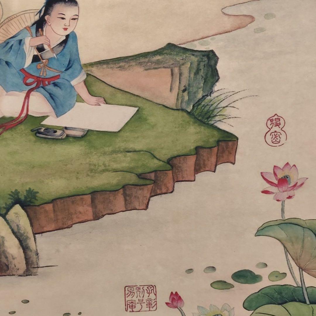 中国掛軸 祝允明 人物観蓮図 中堂掛け軸 中国画 人物画 宣紙装裱 インテリア