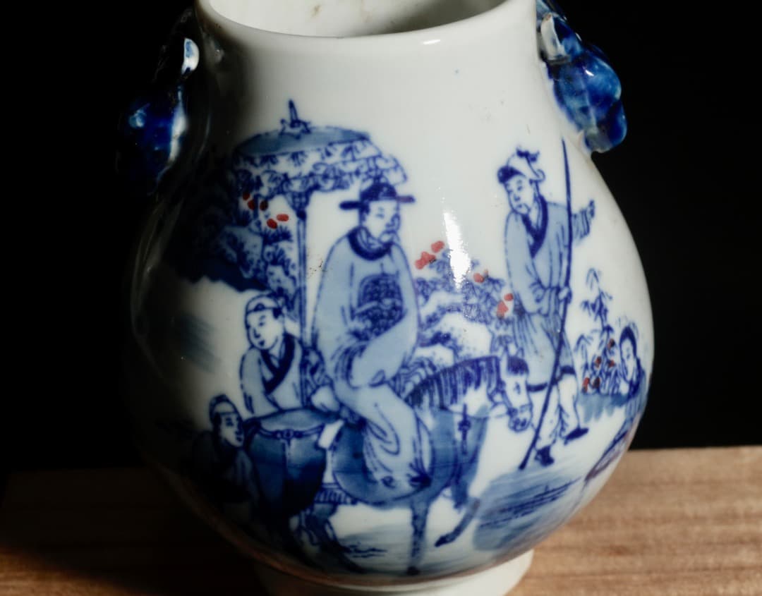 中古 青花 釉里紅 人物図 鹿耳小瓷尊 小壺 中国美術 CL0037