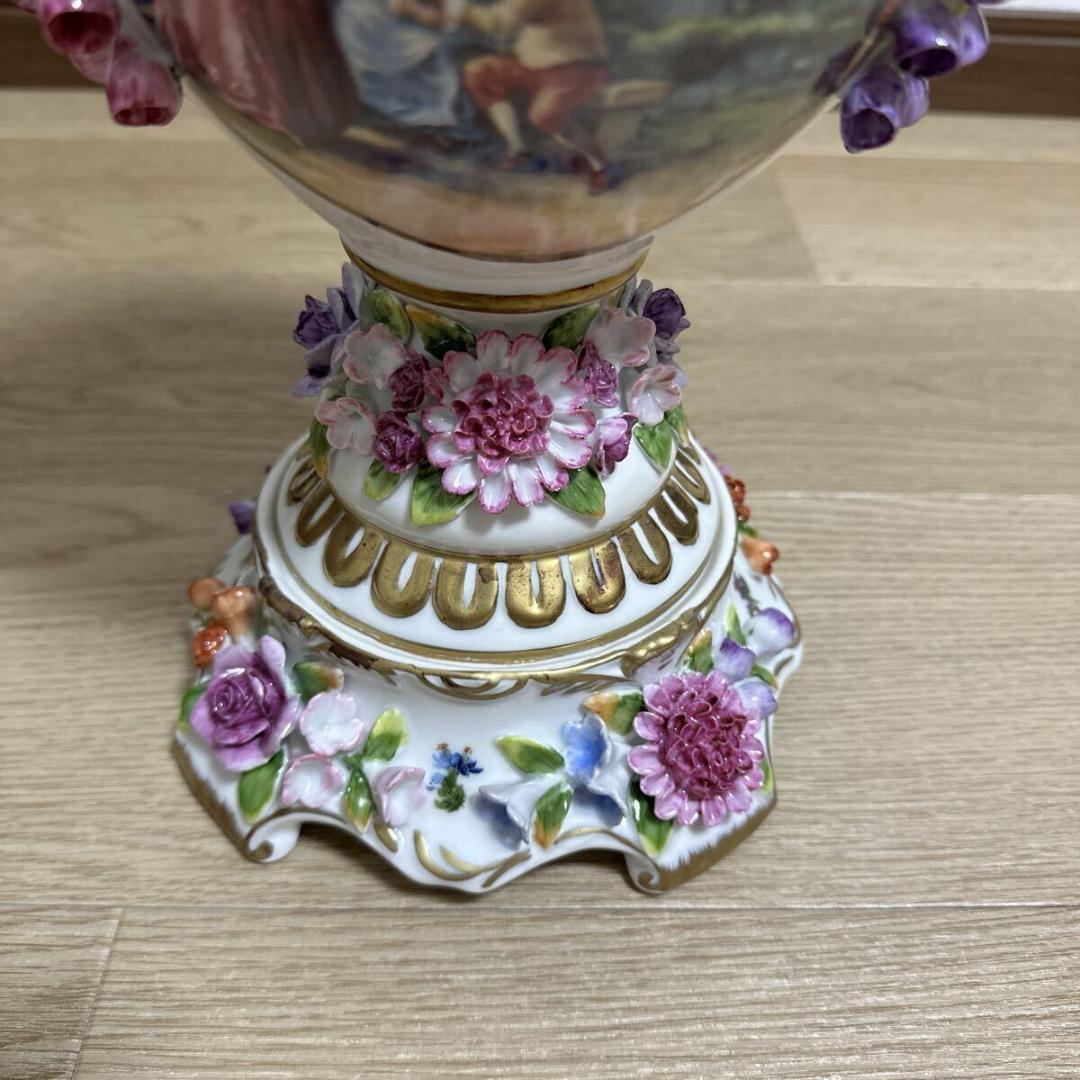マイセン 色絵金彩 細密細工 手描き画天使 花蓋付飾り壷 花瓶 高さ43cm