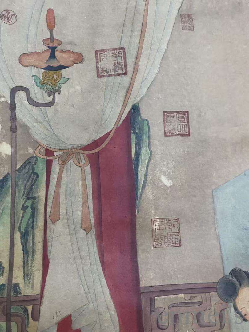 中国古美術『明代様式 唐寅款 人物画』大型中堂画 掛軸 宣紙 表装済 盒入 模写