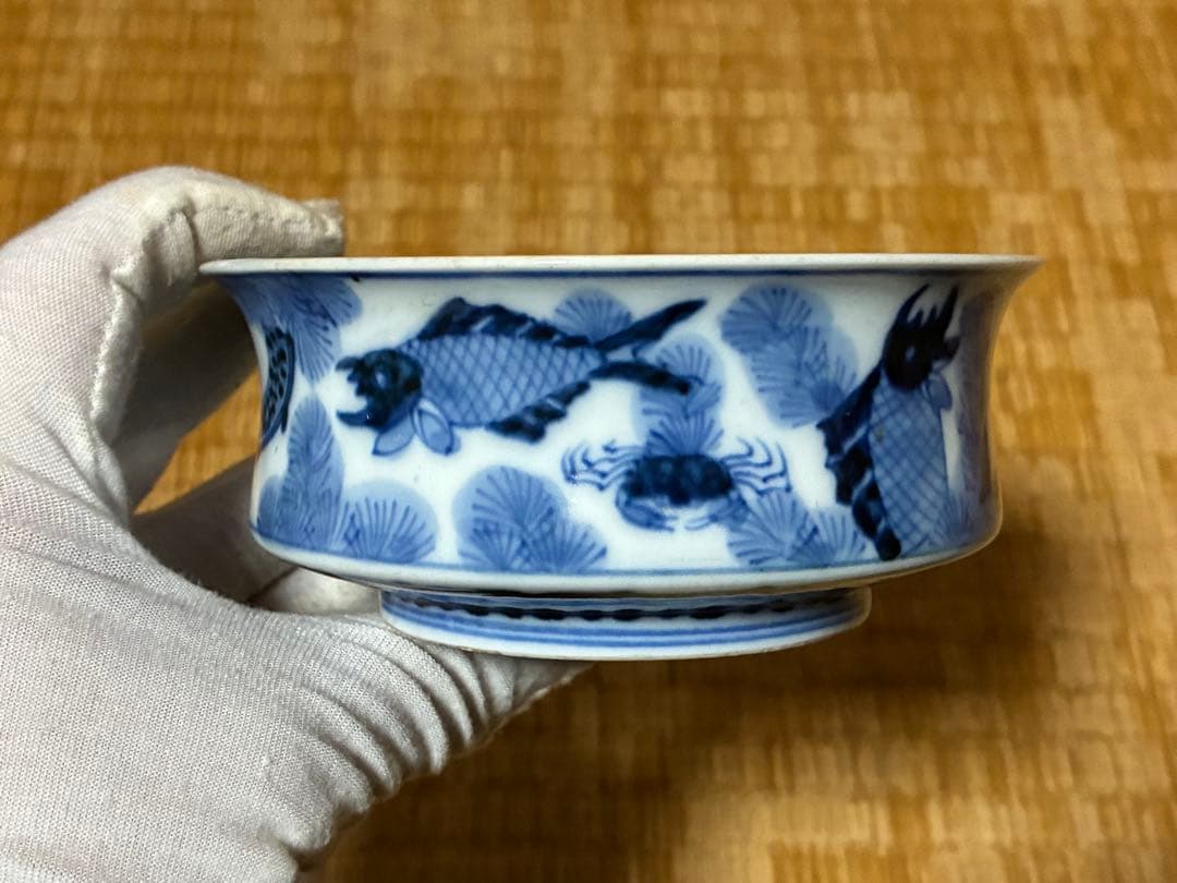 古伊万里 染付 魚紋 小鉢 盛皿 時代物 大明嘉慶年製 直しあり 中国 唐物