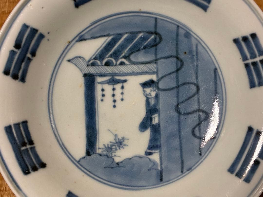 中国 唐物 李朝 染付 人物 龍紋 中皿 三枚 時代物 直しあり 印あり