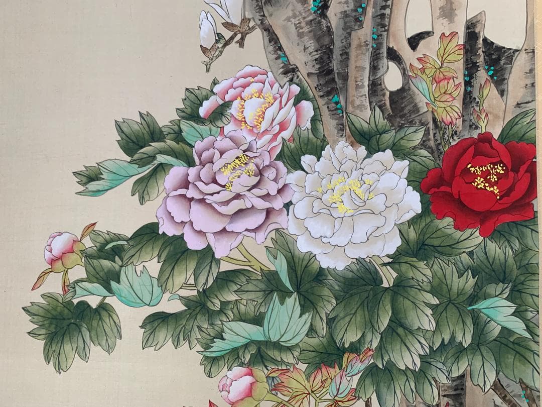 紫雲筆 着色 玉堂富貴 花鳥図 絹本 掛軸 中国画 685