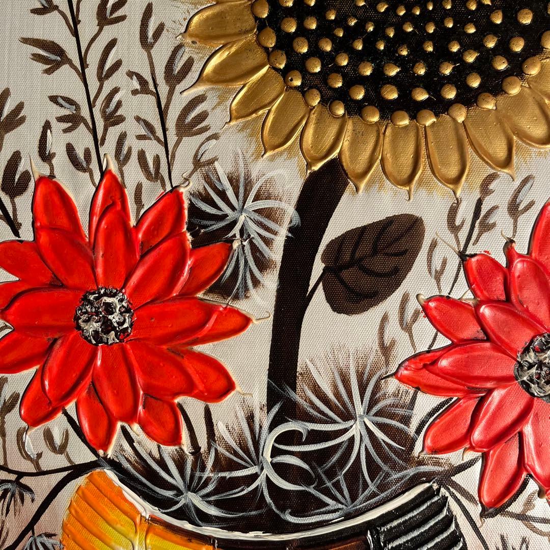 ★秀作★手書き油絵 ゴールドフラワー 絵画 額付き インテリア 油彩画