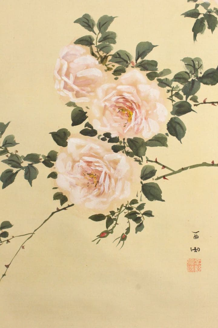 No5913 掛軸　在銘　幸野西湖　「薔薇に雀」　花鳥図　着色絹本　送料無料