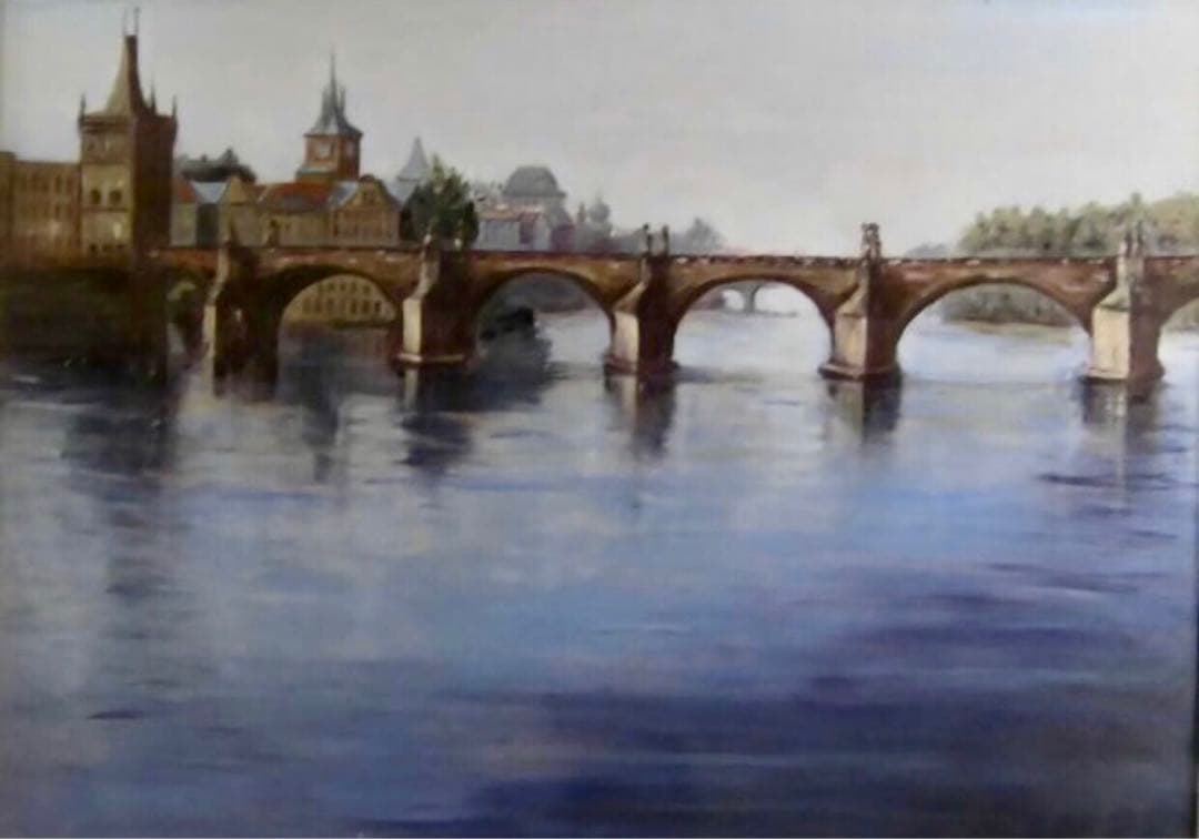格安即決　大型20号油彩画 カレル橋と水面の風景　逸品