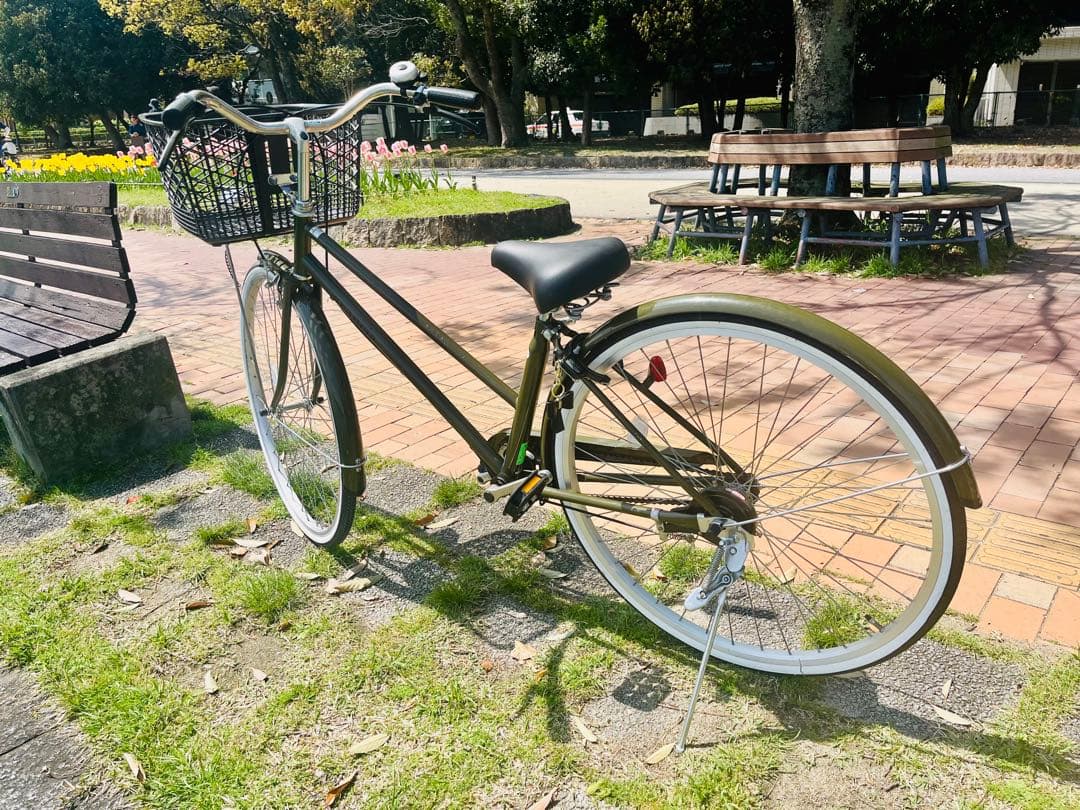 【比較的美品】大容量カゴ付き 27型シティサイクル モスグリーン 動作良好