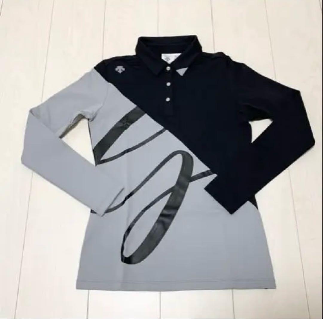 【超美品】デサントゴルフ 裏起毛 ストレッチgマークロゴシャツ ブラック グレー