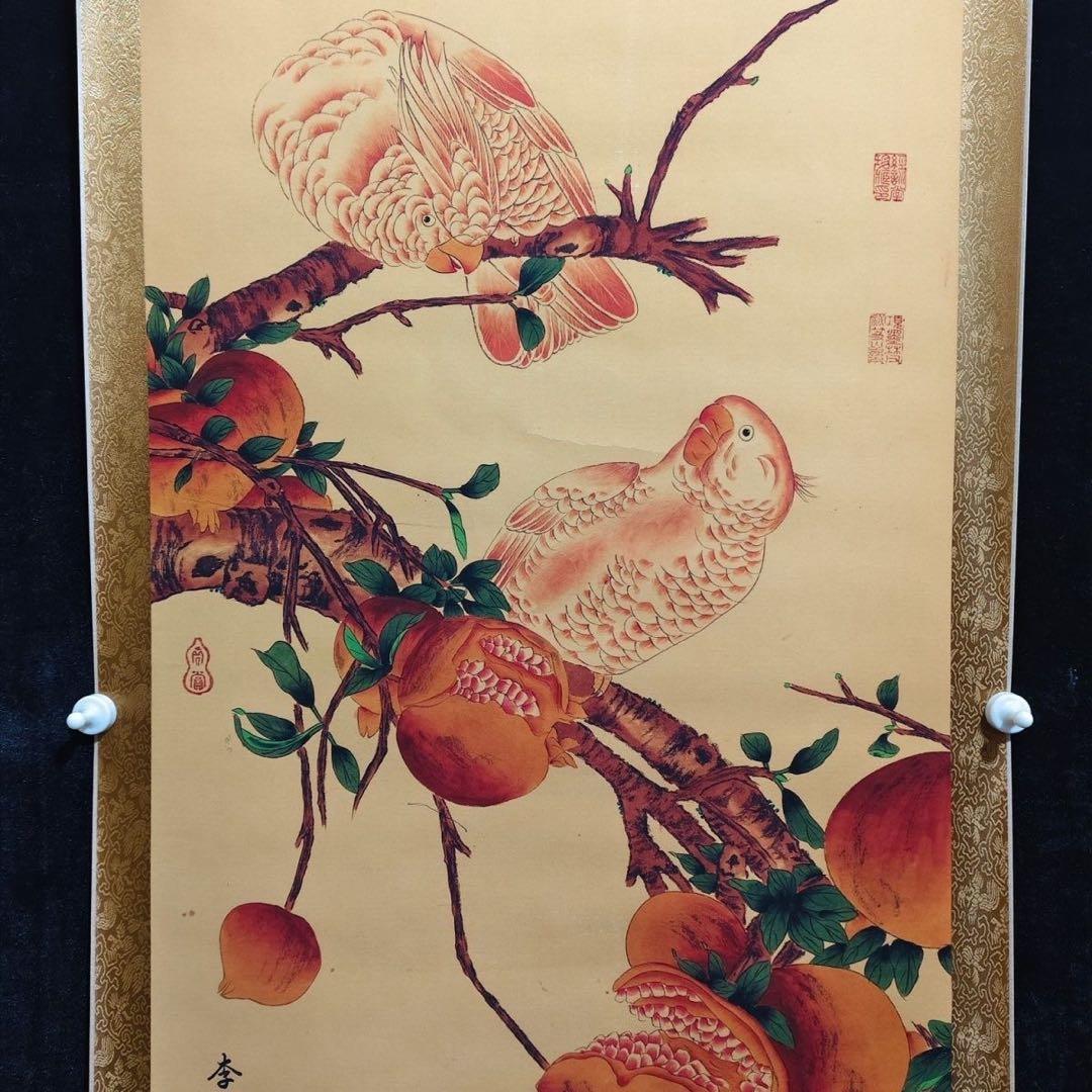 四尺 中堂画 掛け軸 李迪 花鳥図 桃 鸚鵡 中国画 宣紙 証明書付き 表装済み