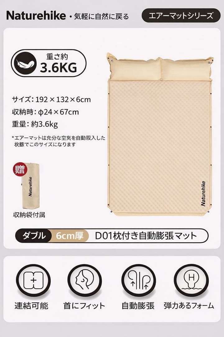Naturehike ダブル エアーマット キャンプ テント用 厚さ6cm