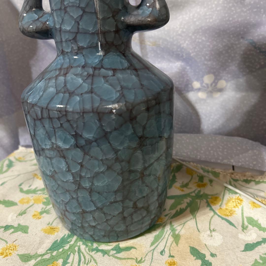 青磁（せいじ）の花瓶 青色ドラゴンハンドル花瓶