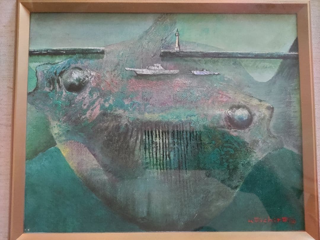 坂中功一郎「春への海音」油彩3号　真作　日本美術家連盟会員　額装　1980年作