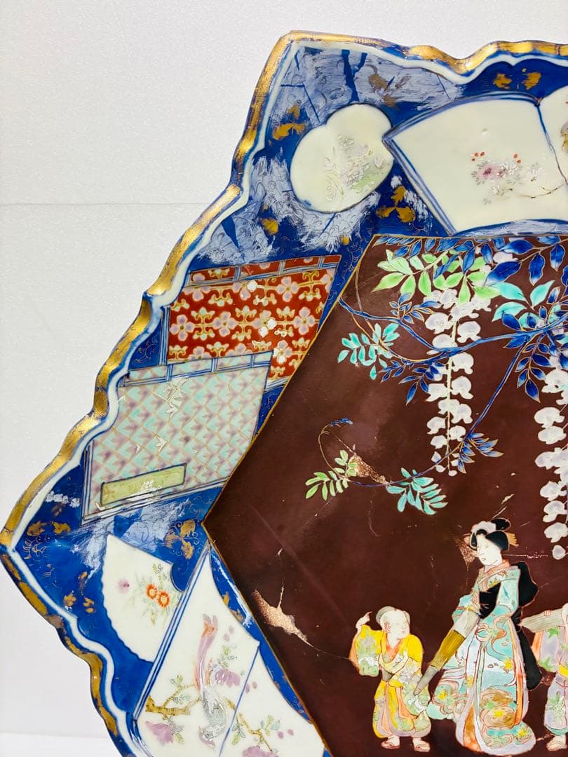 お値下❌ 明治 初期 香蘭社 色絵褐地藤絵人物文 ブラックホーソン六角大皿