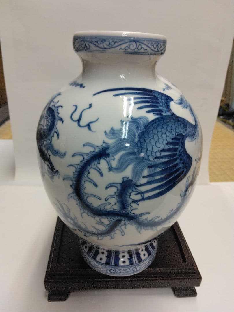 中国美術。青花竜鳳紋連瓶。