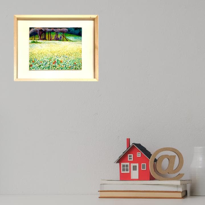 風景画/花の風景「ネモフィラ畑」油絵F3 木製フレーム付き