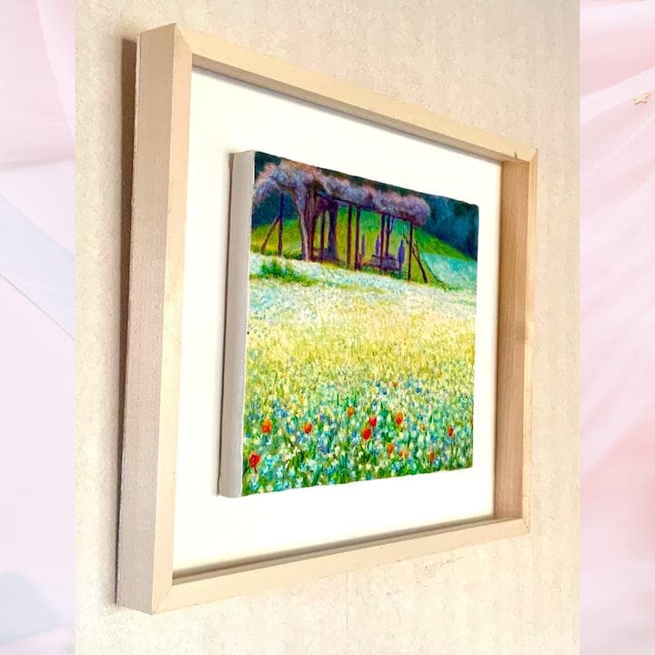 風景画/花の風景「ネモフィラ畑」油絵F3 木製フレーム付き