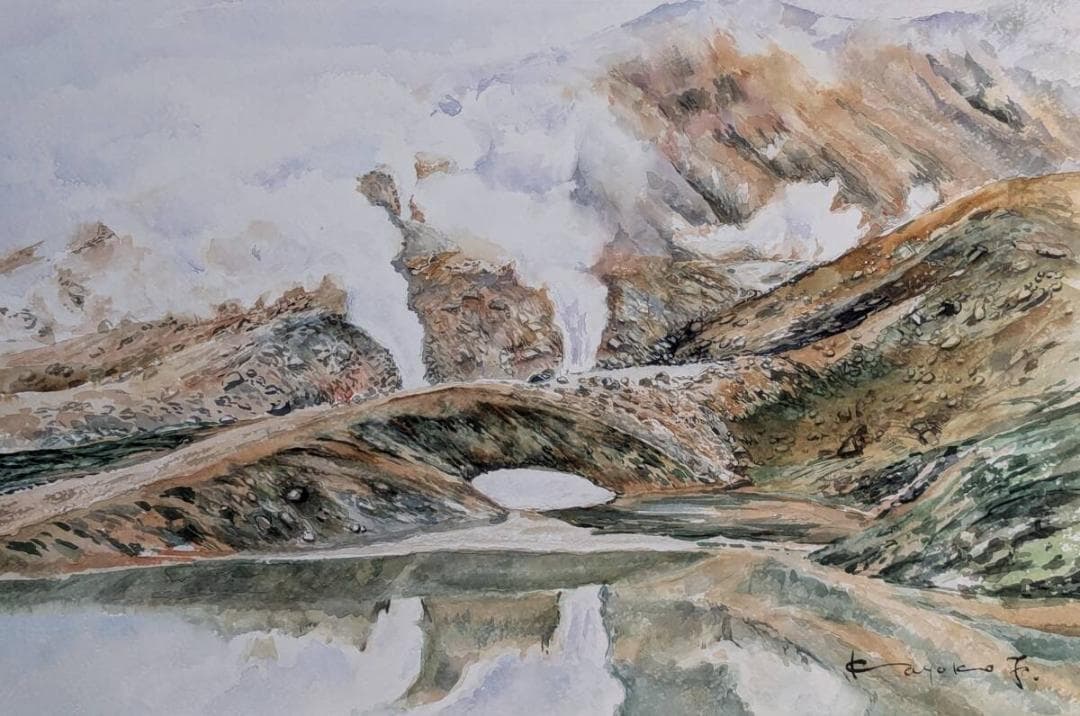 【真作】絵画　水彩10号　噴煙たなびく山景　水彩風景画　額装作品　　Z162