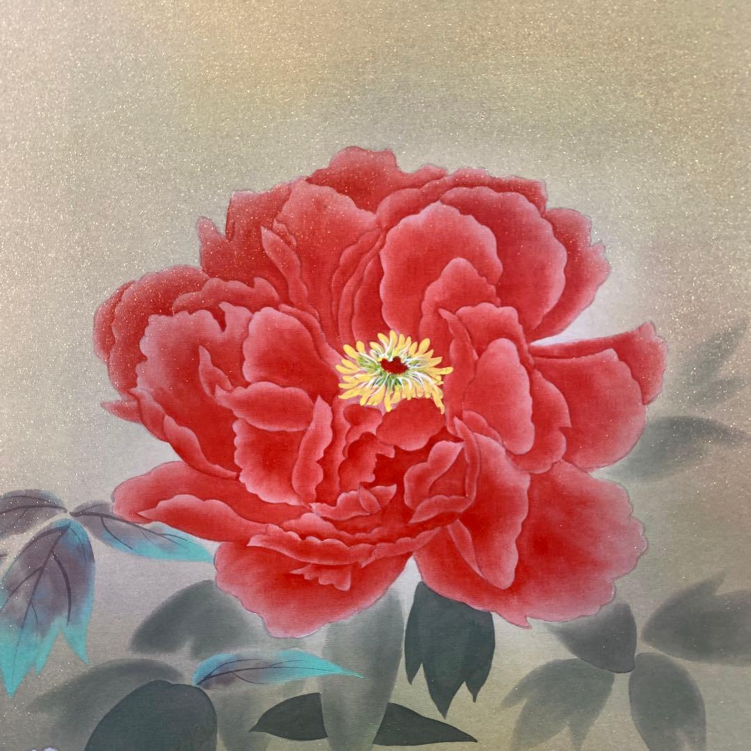 美品 掛け軸 河合良佳作 富貴花図 共箱 太巻き付 四季花 牡丹 縁起物