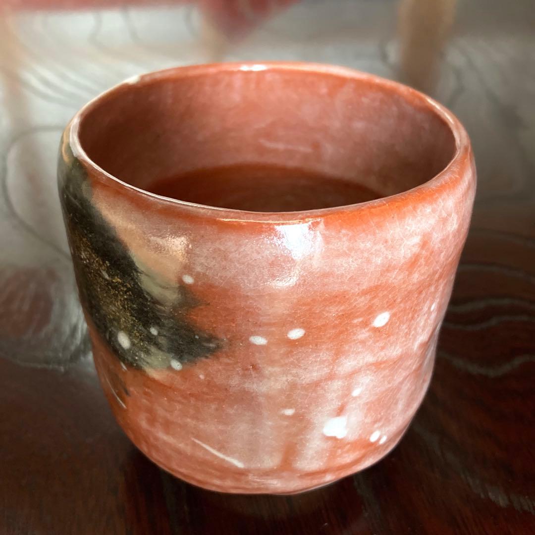 茶道具 抹茶茶碗 赤楽 筒茶碗 雪片 松楽作