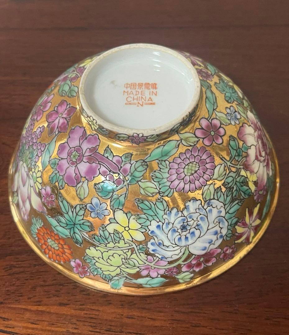 中国景德鎮60～70年代輸出品.金地百花牡丹柄お碗5個セット。希少美品。蔵品。