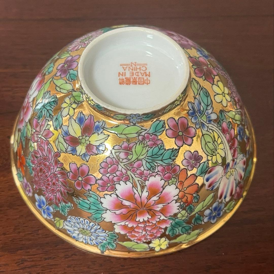 中国景德鎮60～70年代輸出品.金地百花牡丹柄お碗5個セット。希少美品。蔵品。