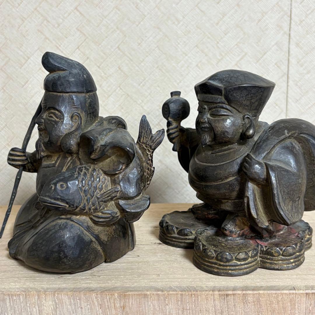 真作　石崎秀峰　大黒天　恵比寿　ブロンズ像　福神　仏像　彫刻　仏教美術　木彫り