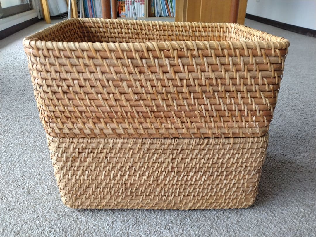【訳あり】MUJI無印良品 重ねるラタン長方形バスケット中×4個/カゴ小物入れ