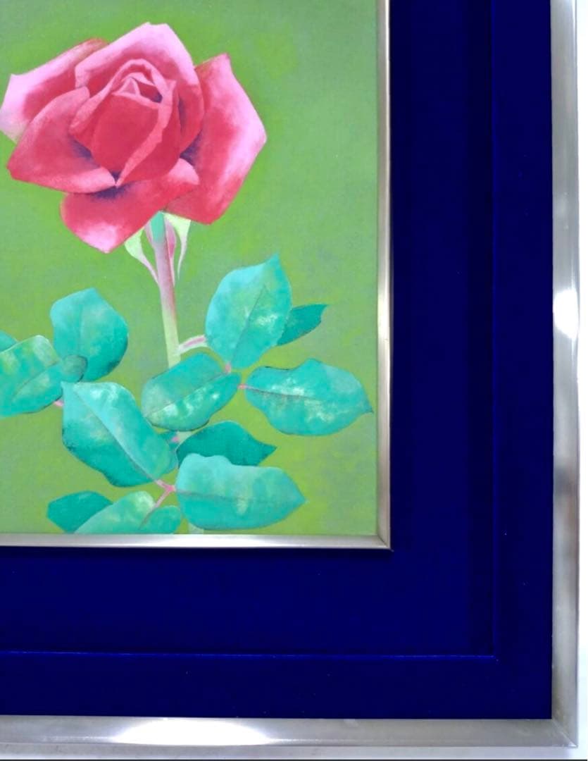 中村白玲「薔薇」日本画 日展会友 金落款/共シール付 額装美品　タトウ箱付　f3