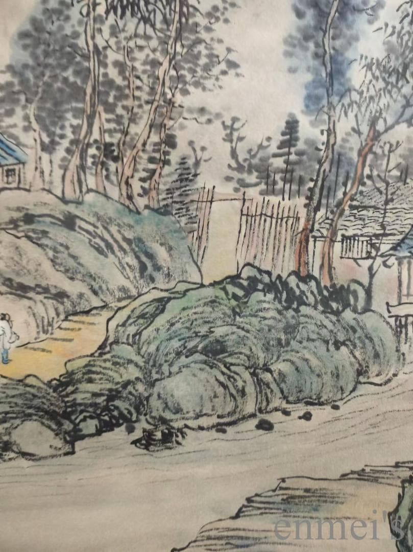 中国古美術.清時代.王原祁款.山水図.宣紙画.三尺手描き.水墨画.掛軸.詩文付き