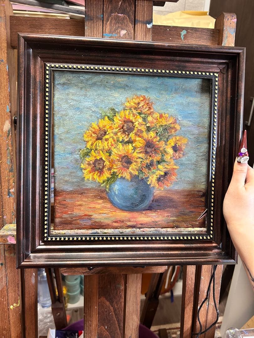 ひまわりの花束 油彩画 金色フレーム付き