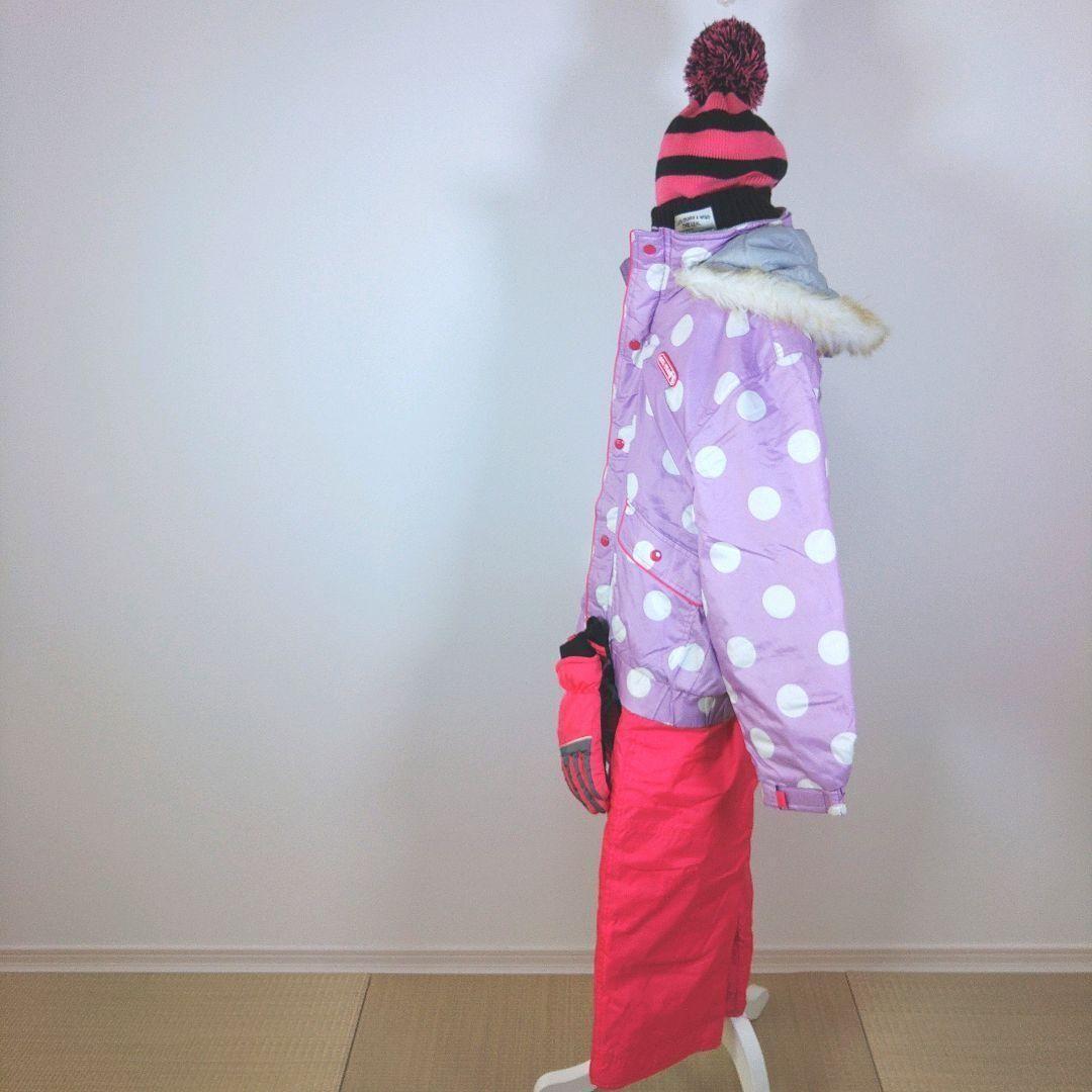 スキーウェア　140cm　女の子　キッズ　子供　ピンク　ドット　グローブ