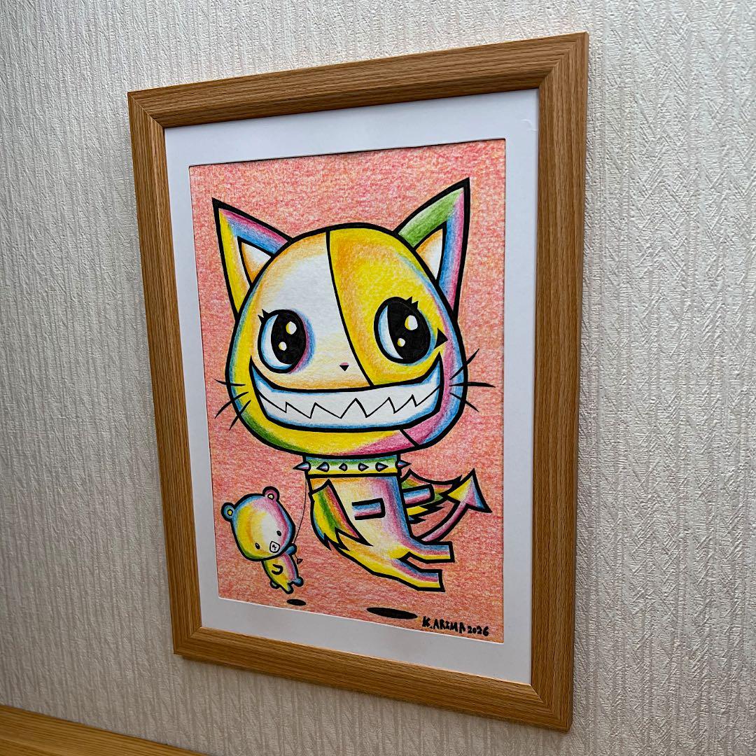 『魔法のひととき』｜動物画 原画 絵 手描き 癒し 猫 くまさん 一点物 額縁付