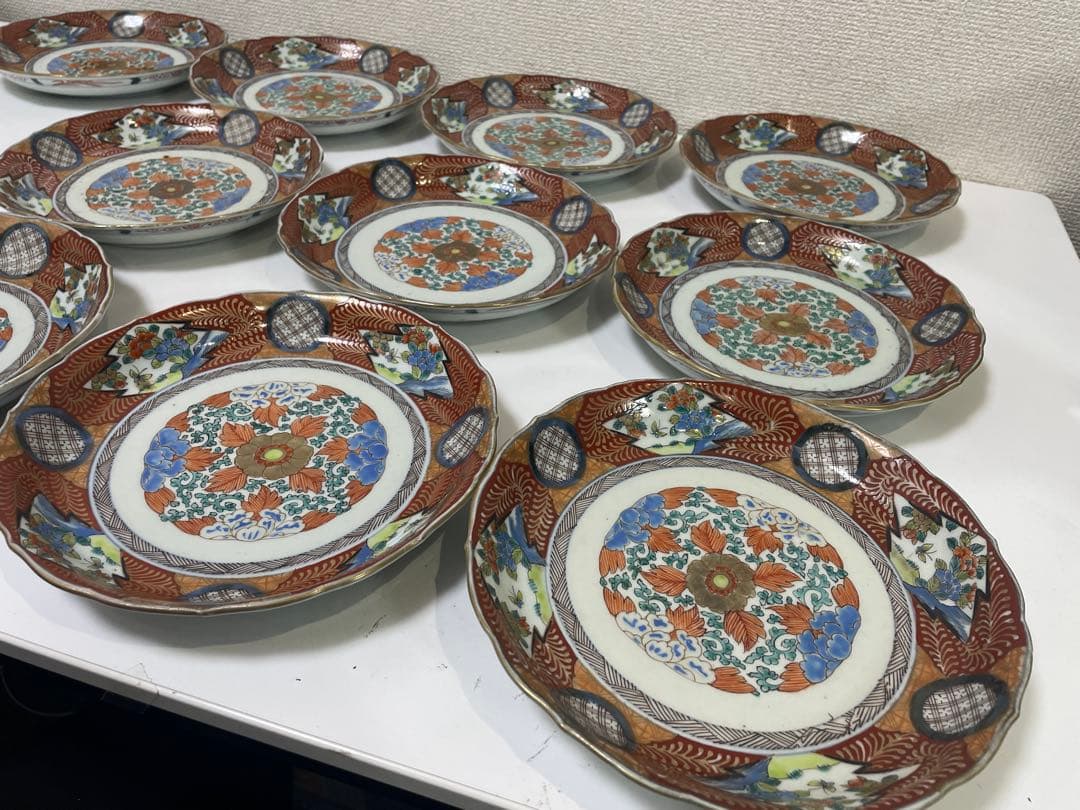 【現状品】有田焼 古伊万里 金彩 色絵 朱絵 五彩錦手 中皿 割烹 懐石 10枚