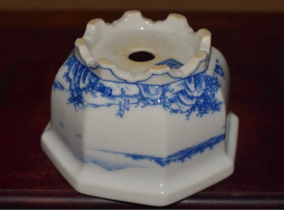 希少 陶雀作 染付山水図 外縁六角盆栽鉢 時代物 無傷美品 約11.3cm