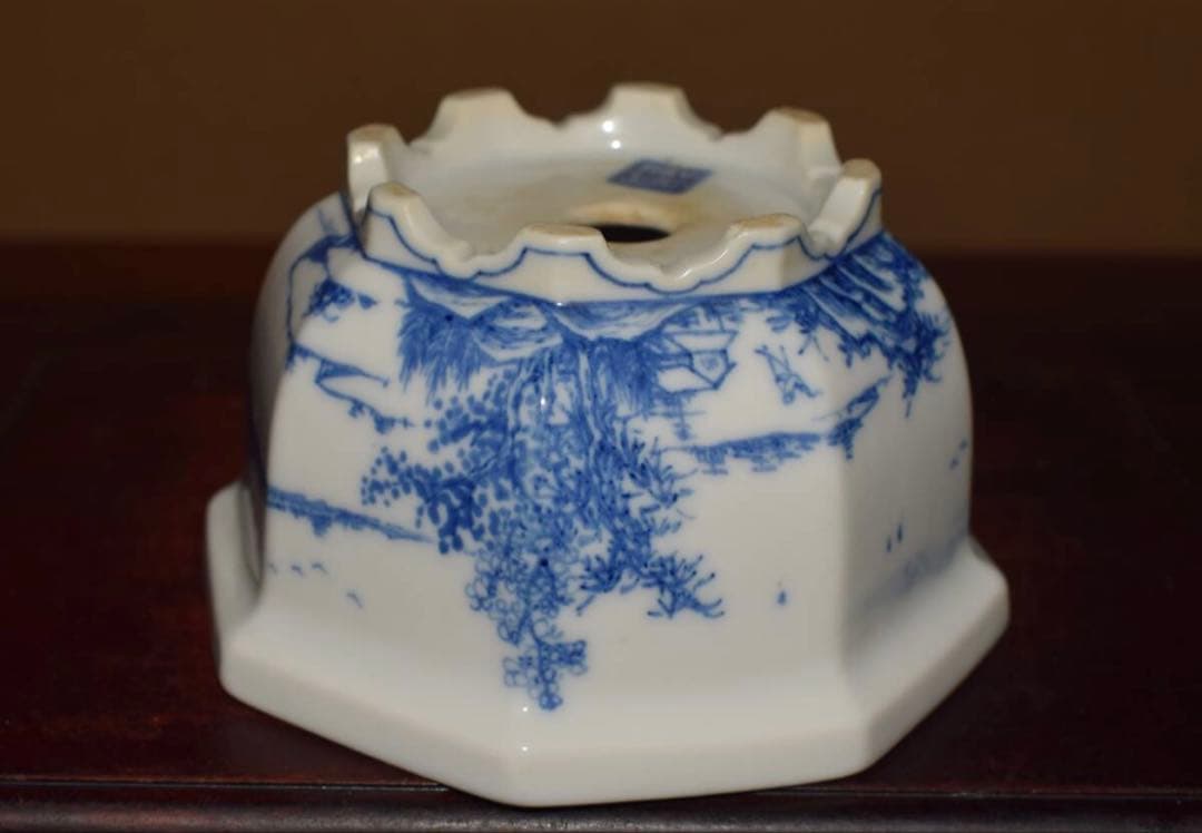 希少 陶雀作 染付山水図 外縁六角盆栽鉢 時代物 無傷美品 約11.3cm