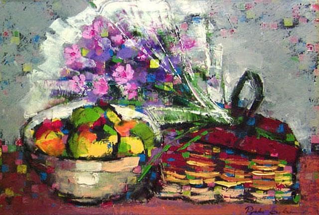 油絵 菅家令子絵 絵画インテリア額付(青緑＋金色の枠)uF6-062104花果物