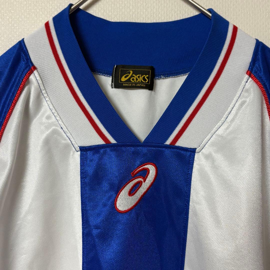 90s ASICS ゲームシャツ 日本製 サッカーシャツ ビッグロゴ 青白 レア
