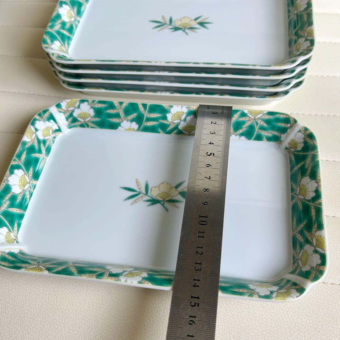 有田焼　明宝窯　緑彩山茶花　長角皿揃　5枚セット　長皿　金彩花文　色絵　古伊万里